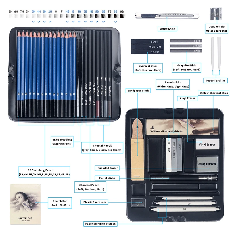 50 pçs conjunto de lápis de es - Sketching Charcoal Set avaliação e preço